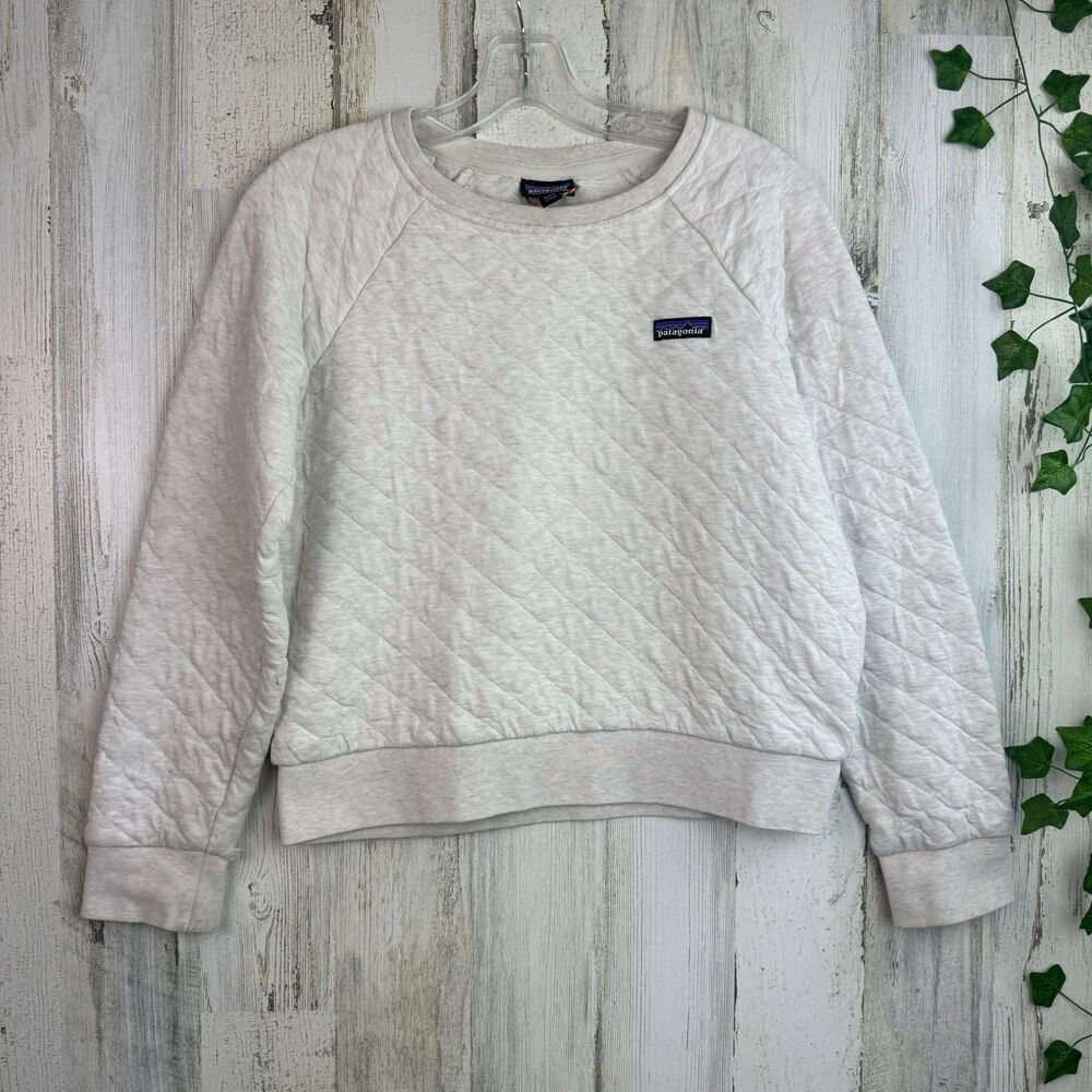 Patagonia Sweatshirt Womens S Tan Crewneck Quilted Organic Cotton Logo